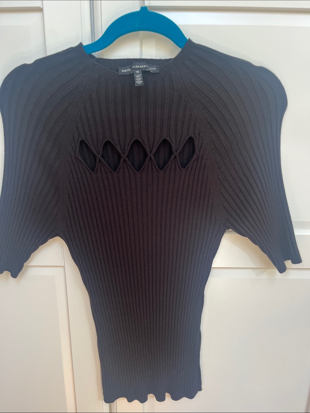 White House Black Market Black Ribbed Knit Top with Front Cutouts